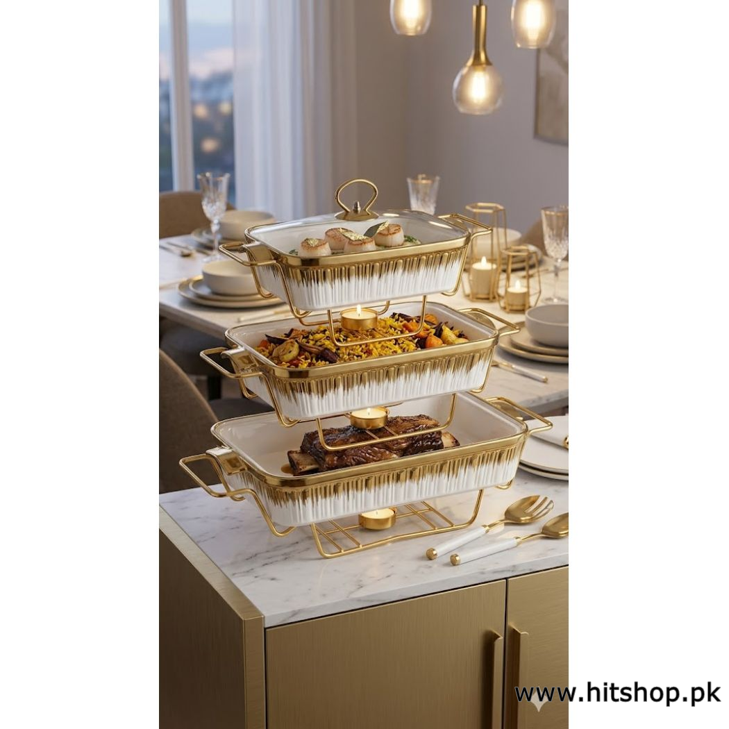 Fancy buffet Sets With Golden Burner Stands 3 pcs Sets